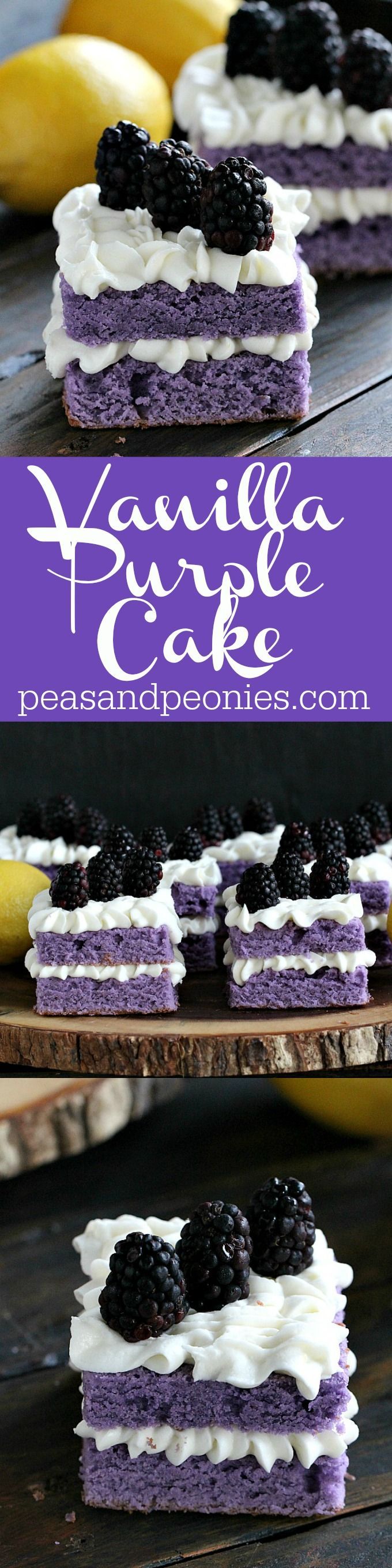 Vanilla Purple Cake with Lemon Buttercream is cut into mini individual cakes decorated with fresh blackberries, for a beautiful