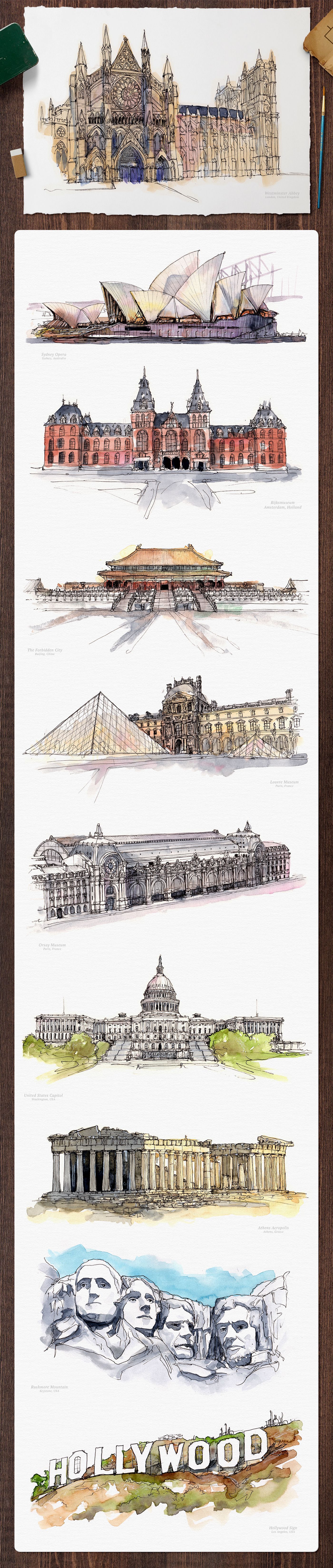 Watercolor Monument / Landmarks Paintings Pack.GET IT FROM