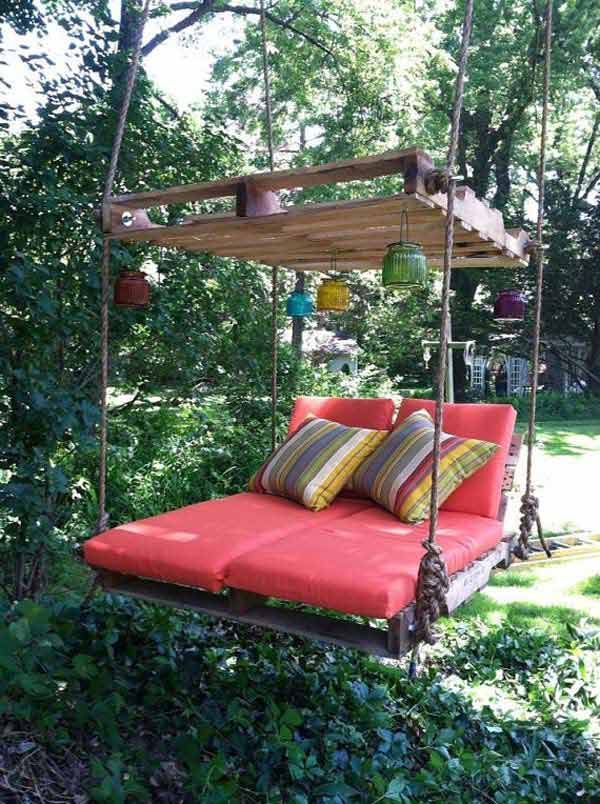 Amazing Pallet Hanging lounger with Cushions. – 22 Amazingly DIY Patio and Garden Swings