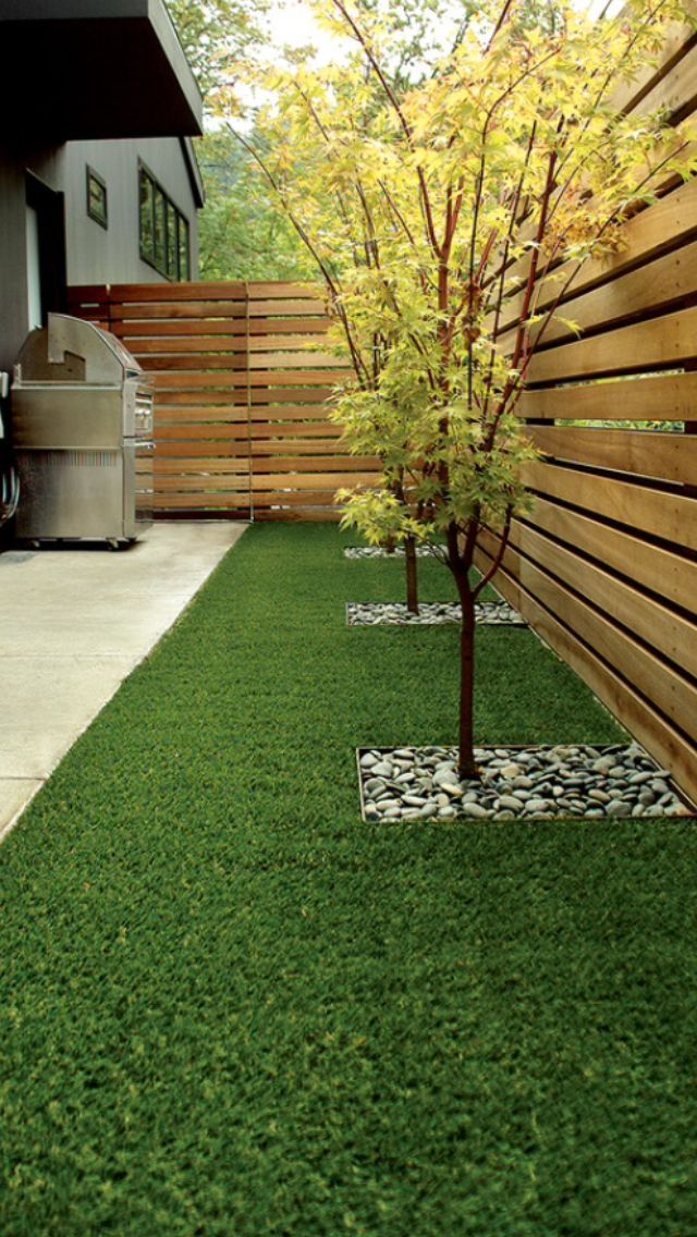 Artificial grass, tile for grilling area, Japanese maple. Love!.. Do this vice versa to place grilling area away from the house