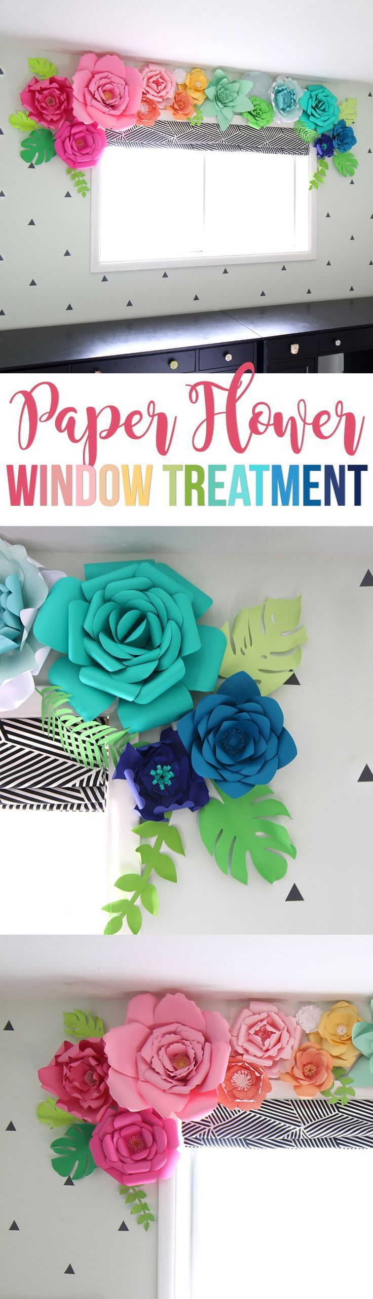 Create a whimsical, colorful and unique window treatment using giant paper flowers. So cute for a little girls room! Or use the