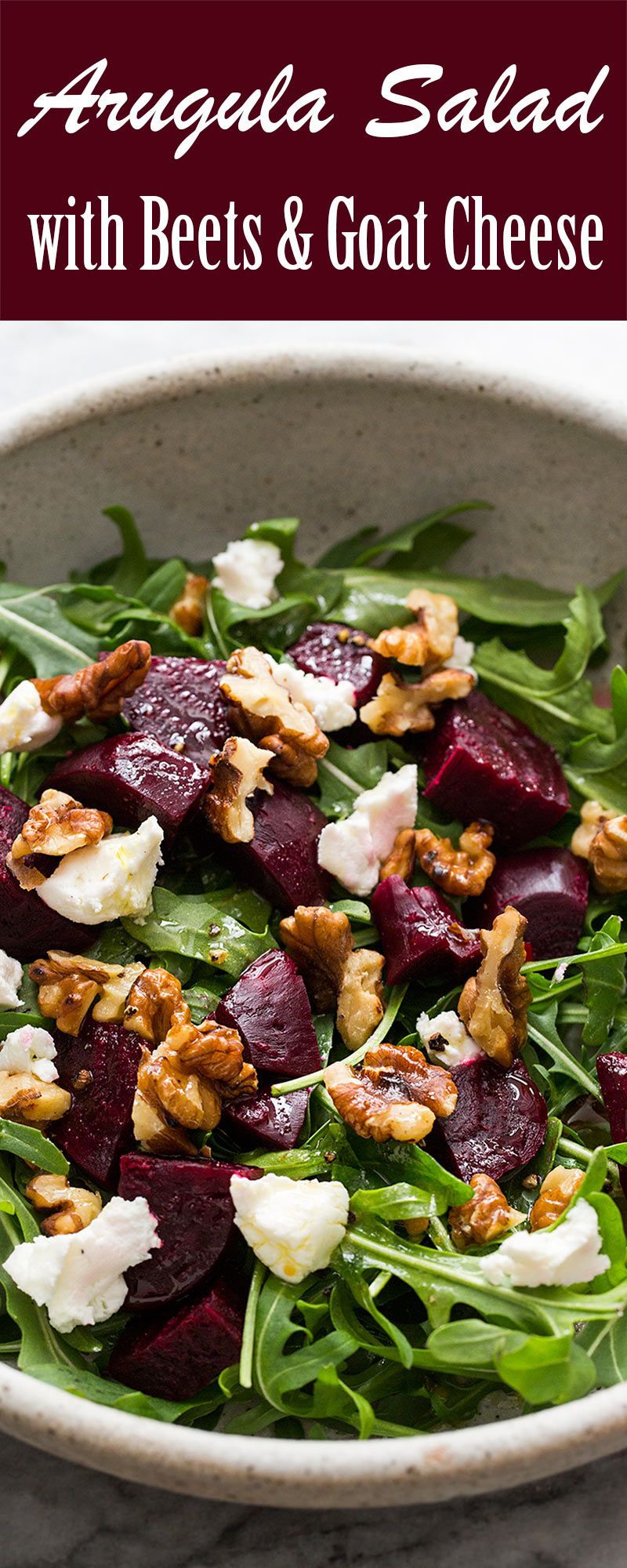 Easy, healthy, Arugula Salad with Beets, Goat Cheese, and Walnuts. With a simple lemon vinaigrette. Perfect combo!