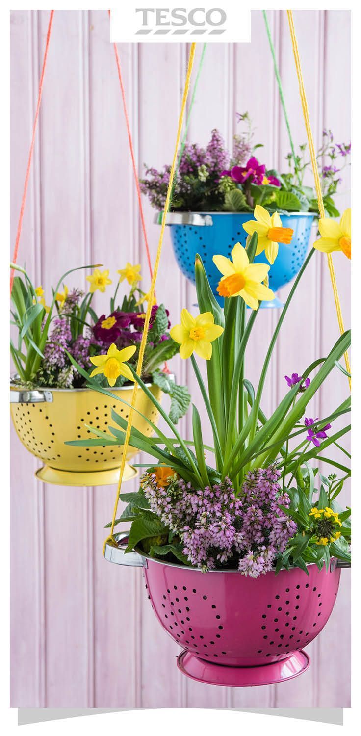 Garden planter idea: Put old kitchen colanders to good use and transform them into pretty hanging baskets for plants, brilliant