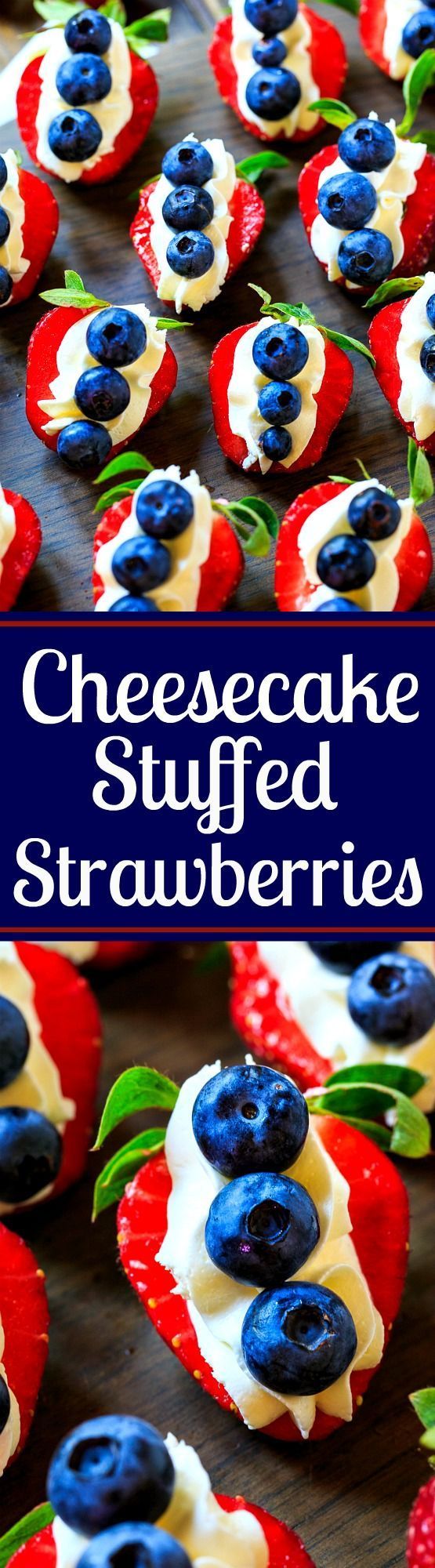 Red, White, and Blue Cheesecake Stuffed Strawberries – a great 4th of July dessert! Easy to make-ahead. : spicysouthernkitchen