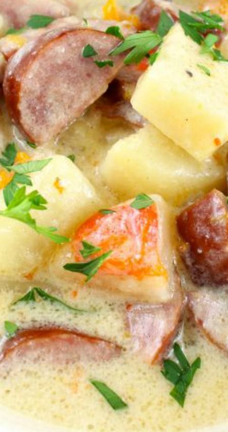 Slow Cooker} Cheesy Smoked Sausage and Idaho Potato Soup Recipe ~ Comforting and delicious
