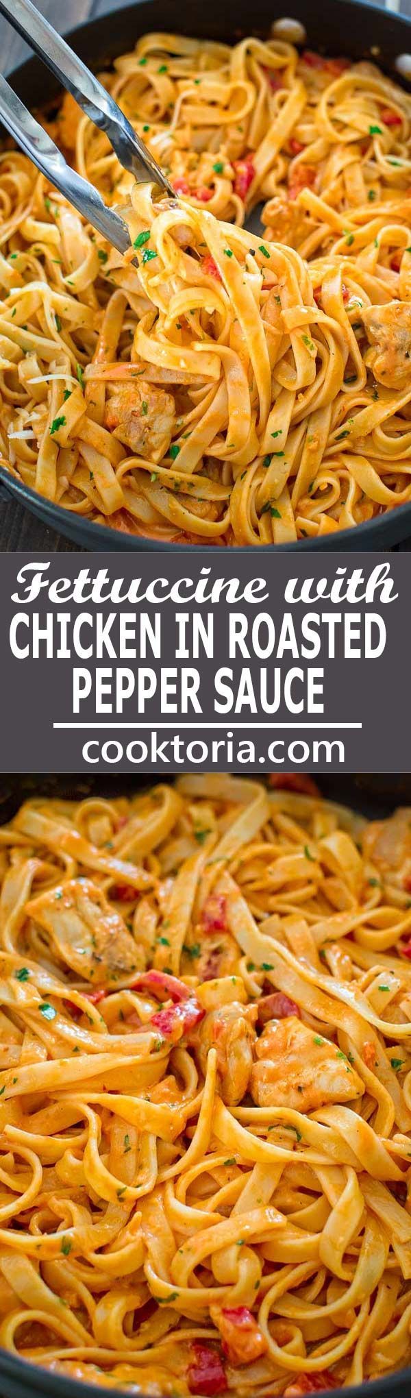 This elegant and creamy Fettuccine with Roasted Pepper Sauce and Chicken is made in under 30 minutes and requires just 6