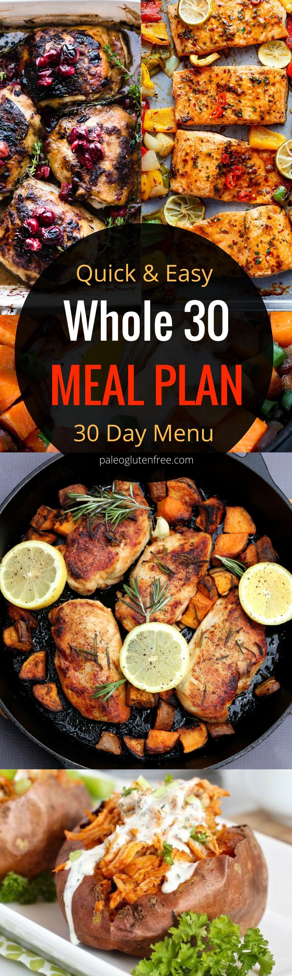 30 days of Whole 30 meals! A complete Whole 30 paleo menu plan. Quick, easy, and delicious meals and tips for eating whole 30