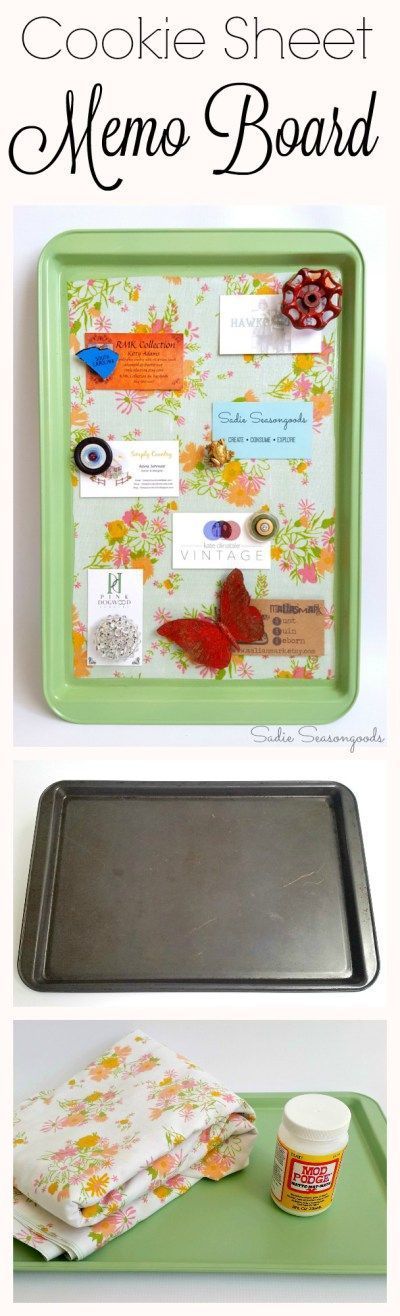 An old, scuffed up cookie sheet is the perfect piece to repurpose into a snazzy magnetic memo board! Decoupage some pretty vintage