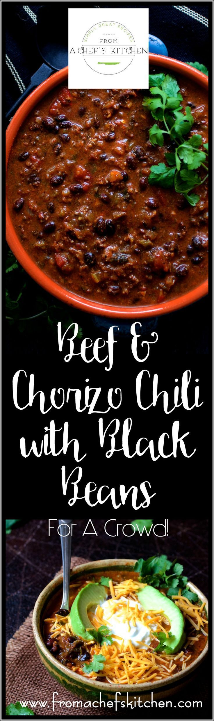 Beef and Chorizo Chili with Black Beans is scaled for a crowd and perfect for a party! Beef, chorizo, red wine and Poblano peppers
