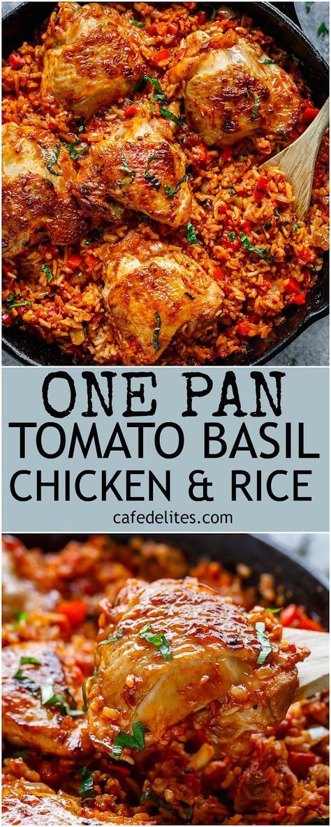 Crispy chicken bakes over a bed of tomato basil rice in this One Pan Tomato Basil Chicken & Rice. Dinner is ready in 45 minutes!