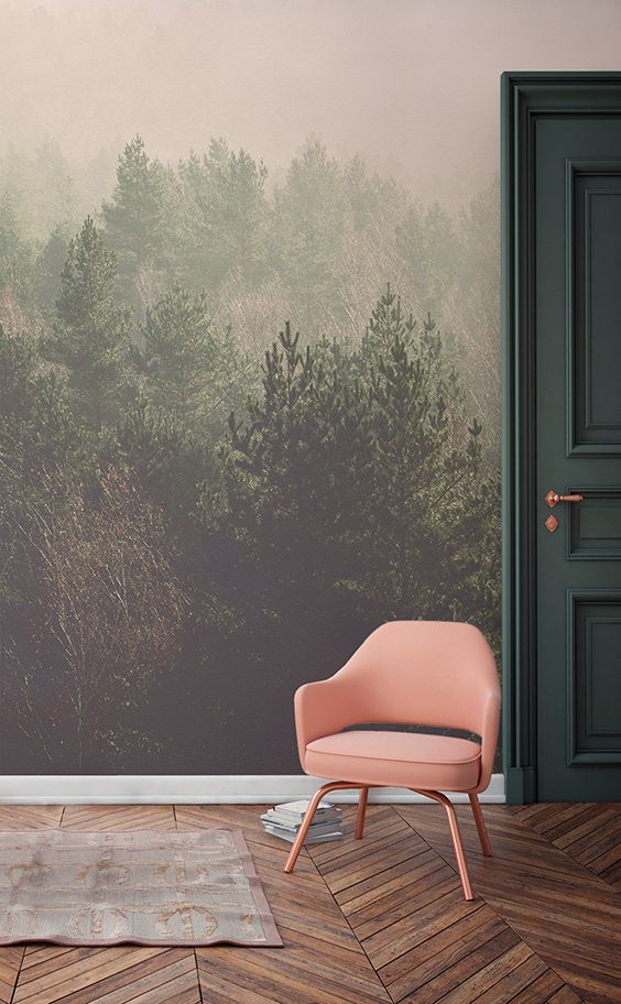 Daydream away overlooking these beautifully crisp treetops. This forest wallpaper mural brings together gentle greens with soft