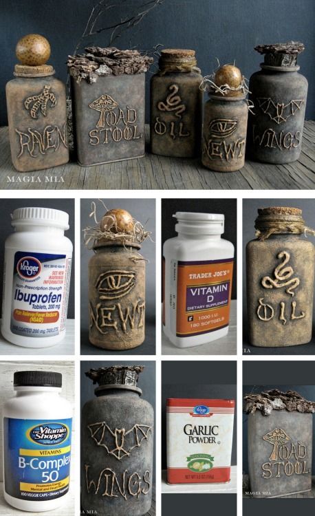 DIY Halloween Apothecary Jars’ Tutorial from Magia Mia. Turn plastic vitamin bottles into creepy apothecary jars using a glue