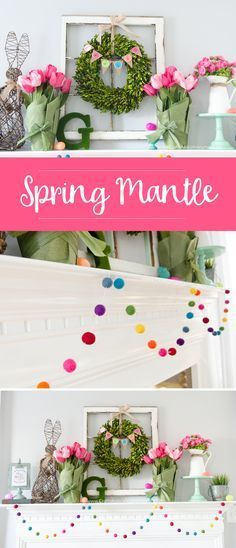 DIY Spring Mantle decor. Love that rainbow felt ball garland! MichaelsMakers Craftaholics Anonymous