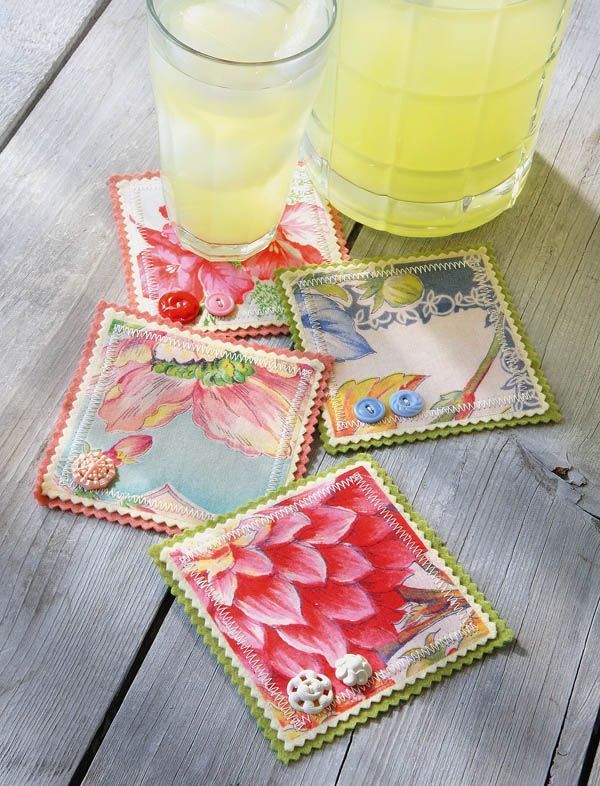Hankie Coasters – Crafts n things   (interesting concept would work with any fabric, like blue delft china patterned fabric to