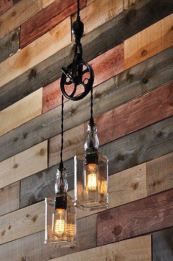 Lamp Recycling, Pendant Lighting – This pulley pendant lamp can be made with any two bottles of your choice, whether they be wine