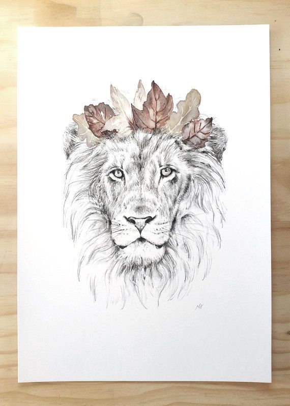 Lion art print – Animal art print of lion and crown  Contemporary art print by Millie featuring a pencil and watercolor drawing of