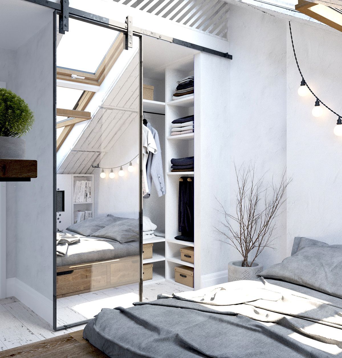 mansard bedroom in Scandinavian style. (Lauri bros)