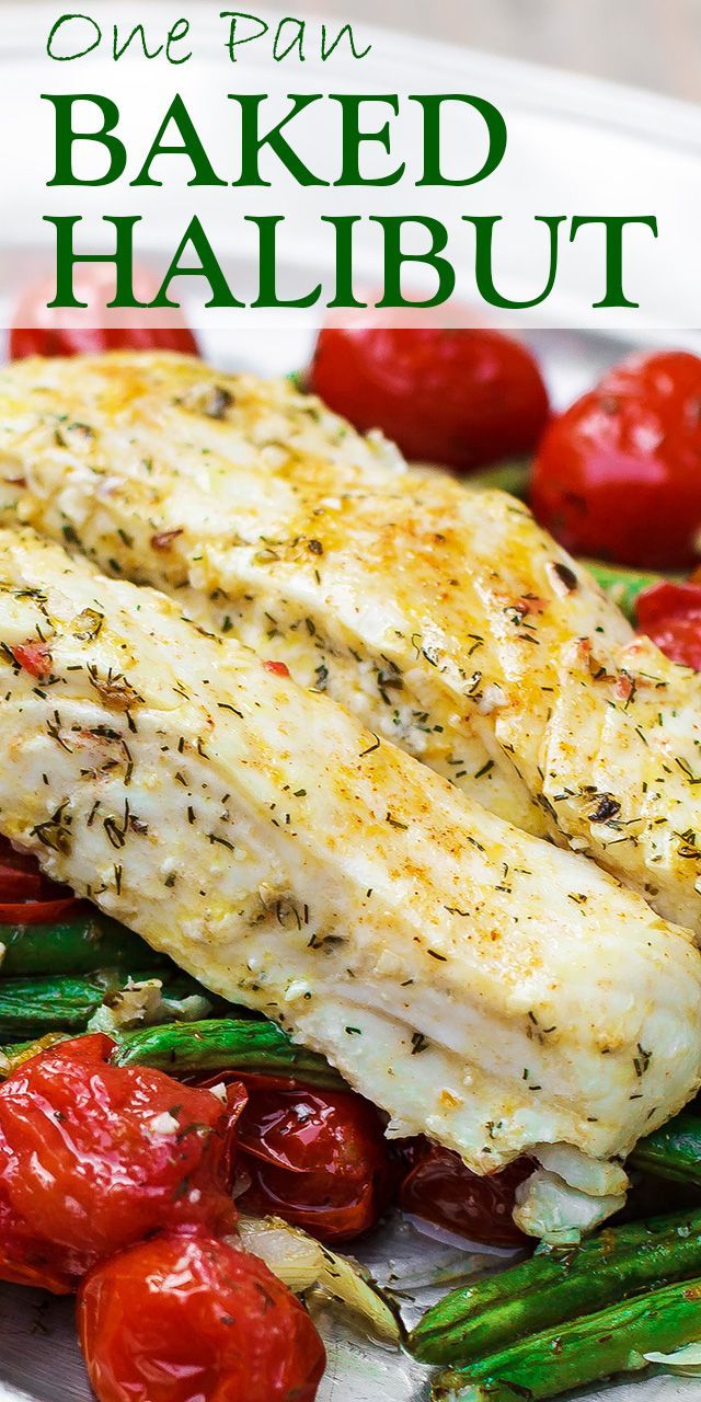 One Pan Baked Halibut Recipe | The Mediterranean Dish. Halibut fillet with green beans and cherry tomatoes baked in a delicious