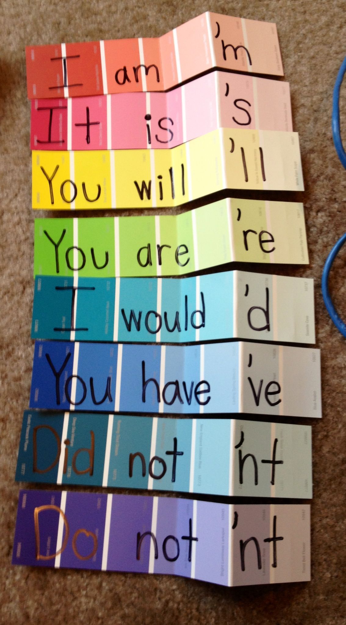 Paint strips to teach contractions :)  Update: I am so embarrassed. I created these quickly when I was in college. I just now