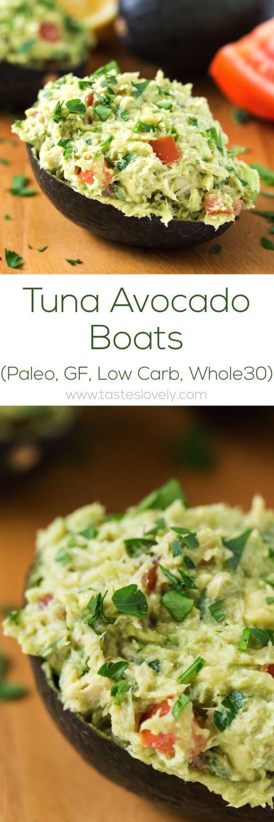 Paleo Tuna Avocado Boats – no mayo, just tuna and avocado! (gluten free, low carb, Whole30)