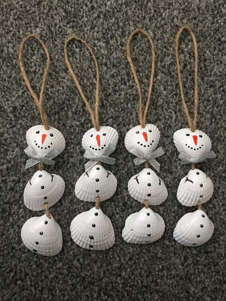 Set Of 4 Nautical Sea Shell Snowmen Christmas Tree Ornaments