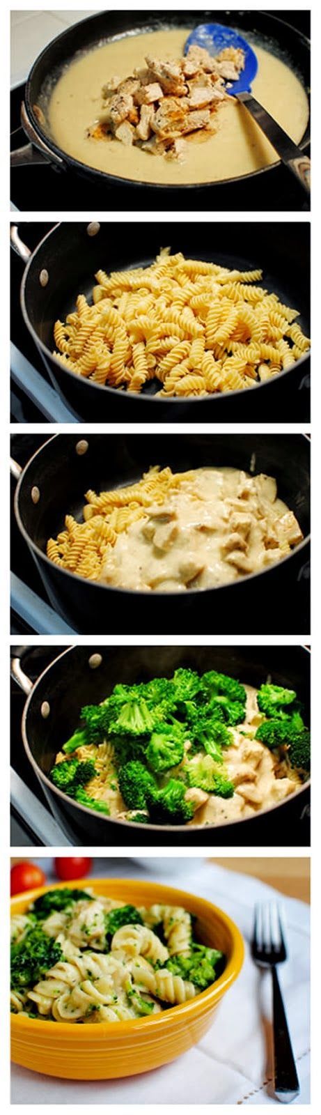 Skinny Chicken Broccoli Alfredo Recipe | Sauce is a greek yogurt/low-fat milk mixture | Make with whole wheat pasta