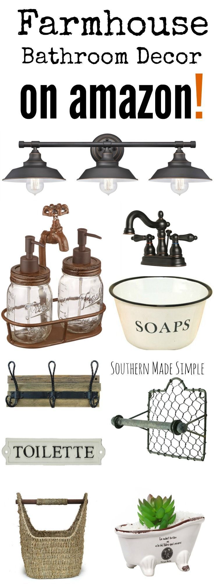The BEST collection of Farmhouse style decor to spruce up your bathroom, and its all available on Amazon! Hello, 2 day shipping!