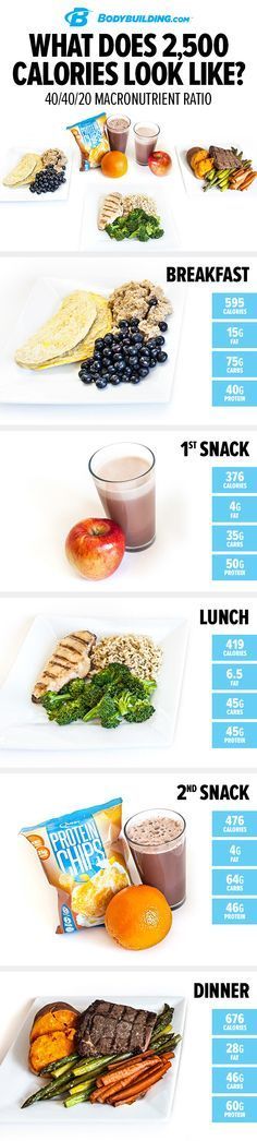 What Does 2,500 Calories Look Like? 40/40/20. If you like eating, the traditional bodybuilding plan is great because you get to