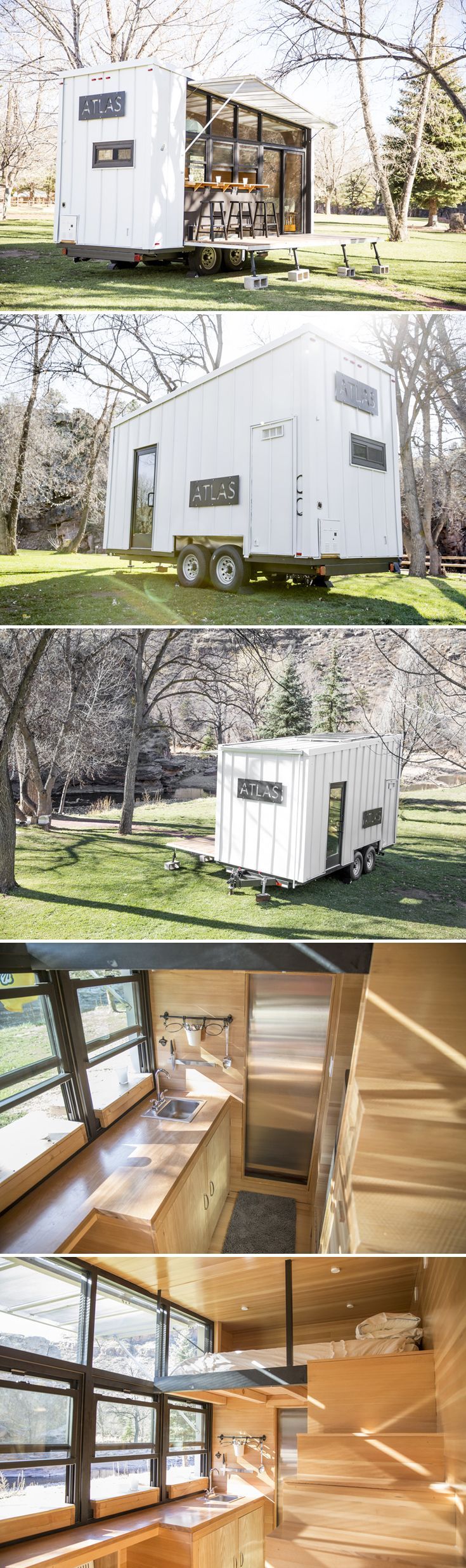 With its full window wall and huge fold down deck, the Atlas Tiny House helps people connect with nature. Available for rent at