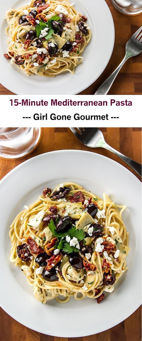 A 15-minute pasta with kalamata olives, sun dried tomatoes, artichoke hearts, and feta cheese | girlgonegourmet.com