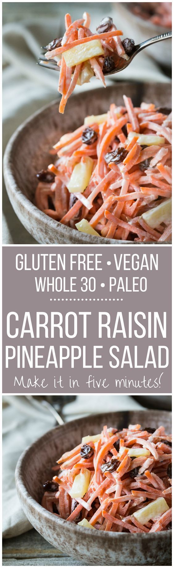 A very easy nutritious Paleo, Whole 30, and Gluten Free Carrot Raisin Pineapple Salad that requires no cooking and can be made in
