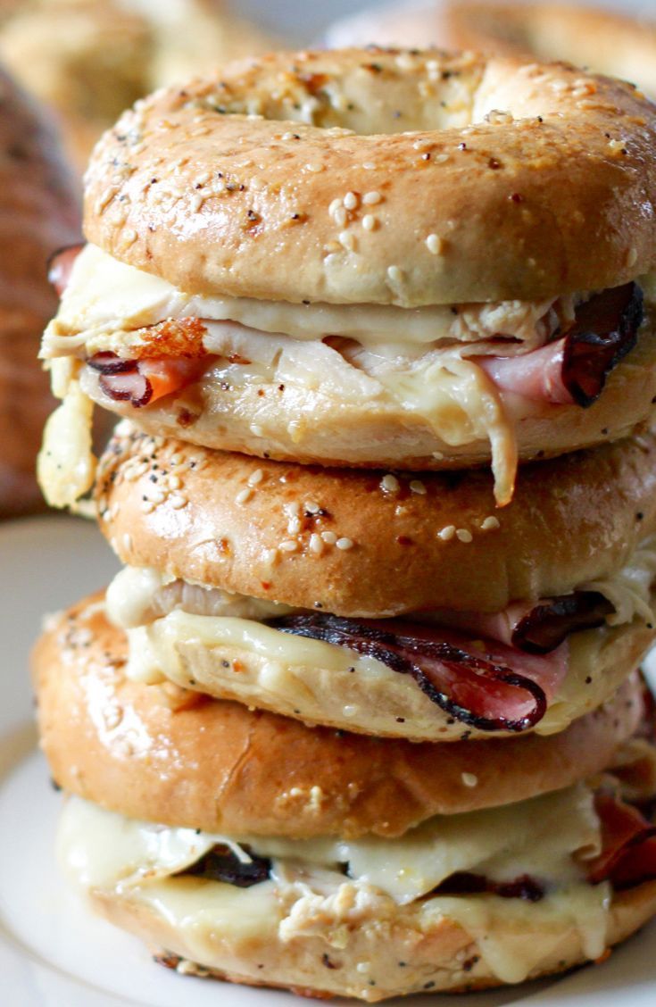 Baked Ham and Turkey Everything Bagel Sandwiches with Swiss.