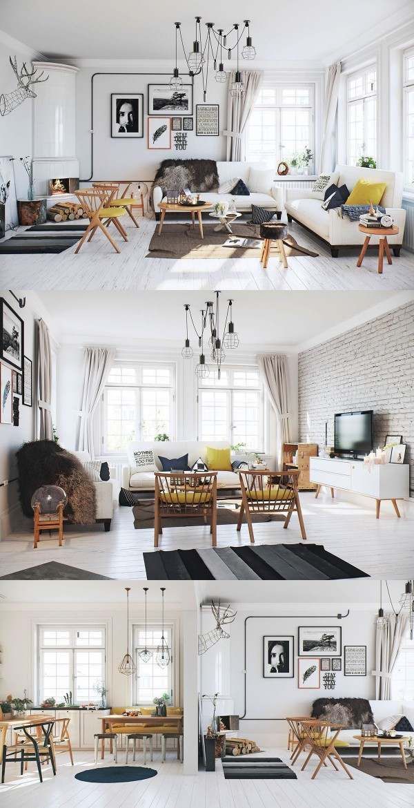 contemporary living room scandinavian style interior white floor brick wall industrial style home lighting