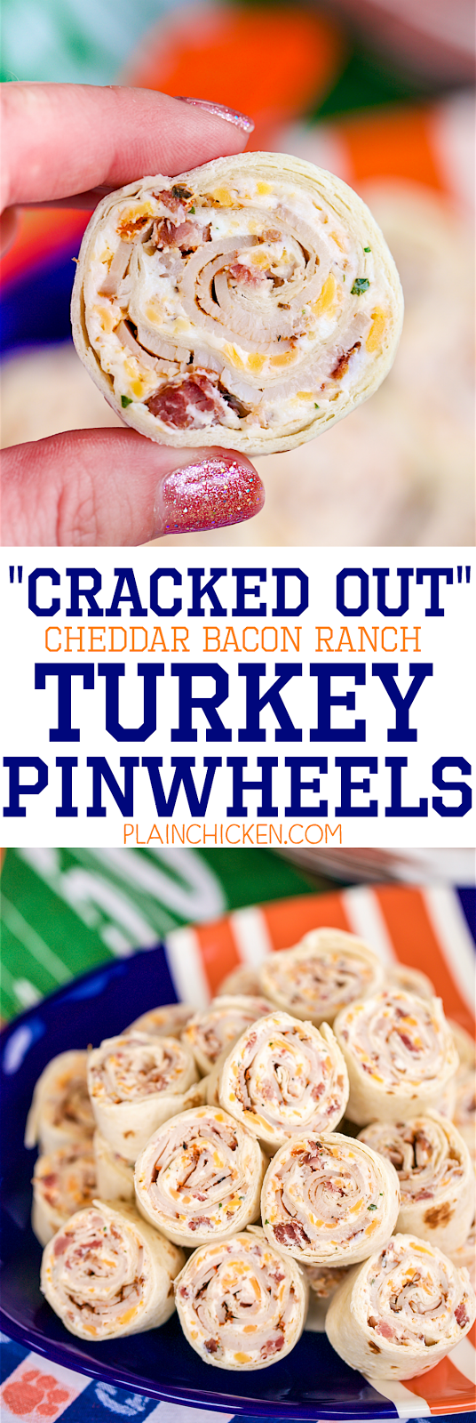 Cracked Out Turkey Pinwheels – I am ADDICTED to these sandwiches! Cream cheese, cheddar, bacon, Ranch and turkey wrapped in a