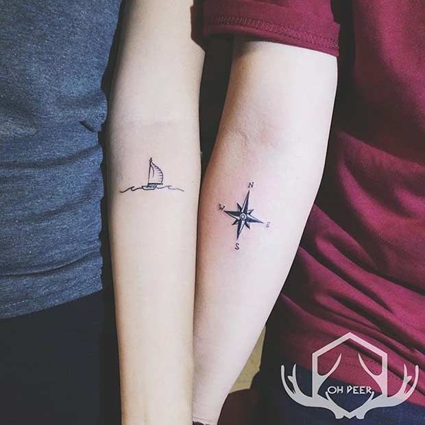 Cute Ship and Compass Tattoos for Couples
