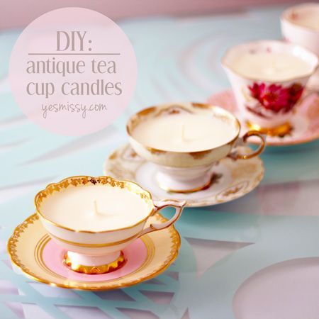 DIY antique tea cup candles.  Im a bit torn as to whether or not this is actually a good idea, but it is soooo adorable I cant