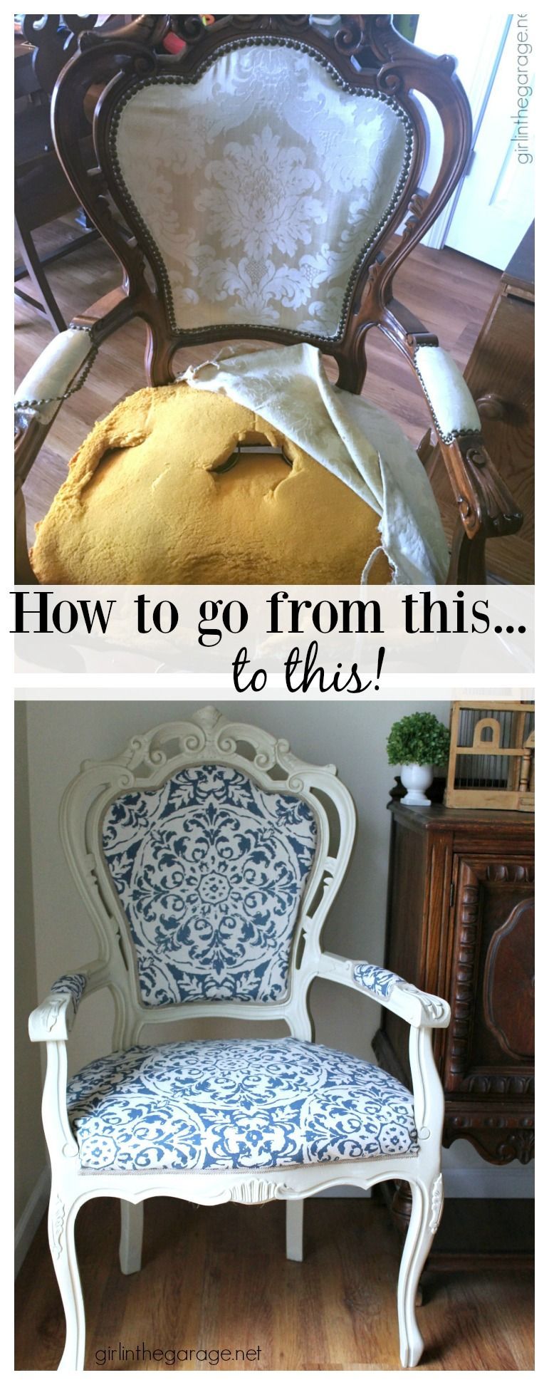 DIY Reupholstered chair makeover with Chalk Paint and clearance curtain as fabric – Girl in the Garage