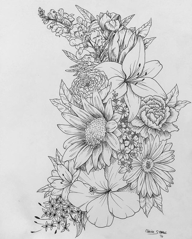 Floral tattoo. Contact me for custom drawings clairestokes93@ya…. Instagram: clairestewartart. Plus my etsy is where it’s at!