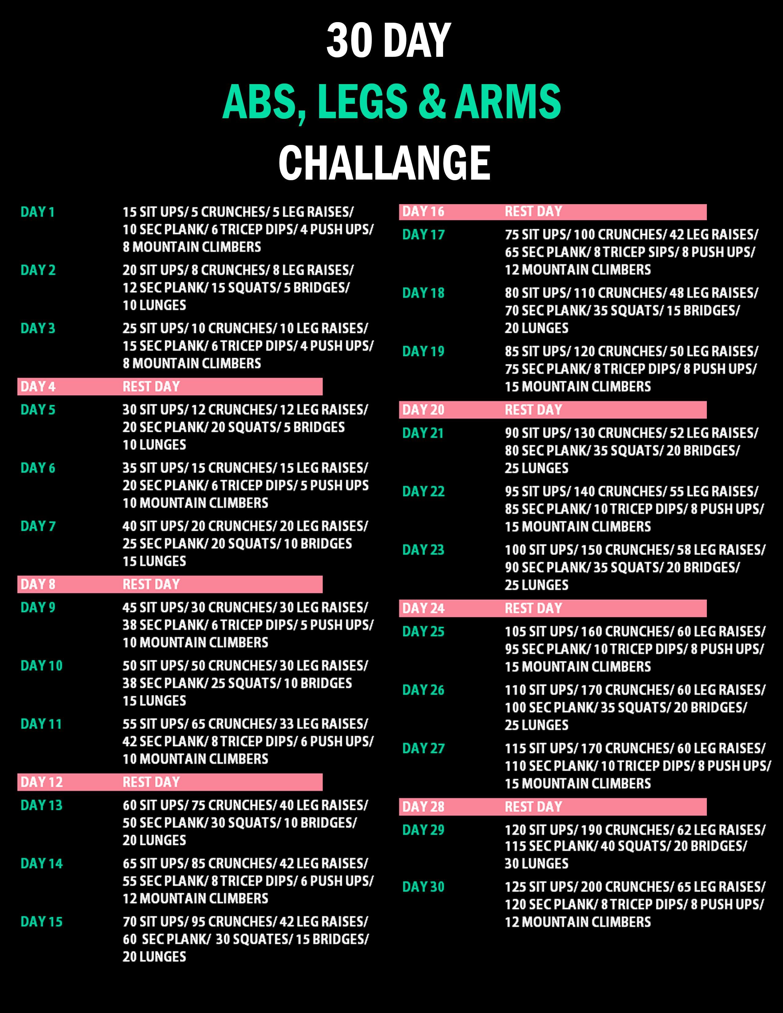 I created a new challage that had the abs and mixed in the legs and arms challage as well. Well see how the next 30 days goes!