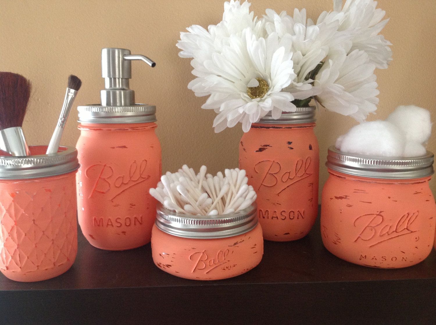 Love the color and love the idea of a hand painted mason jar bathroom set.