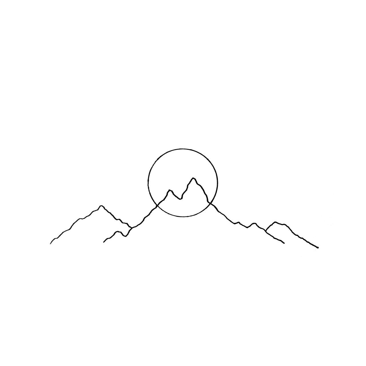 montagne et soleil (ou lune) dessinés de façon graphique, juste un trait noir