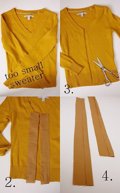 Refashion a too-small pullover #sweater into a cardigan!… This would be amazing to learn how to do