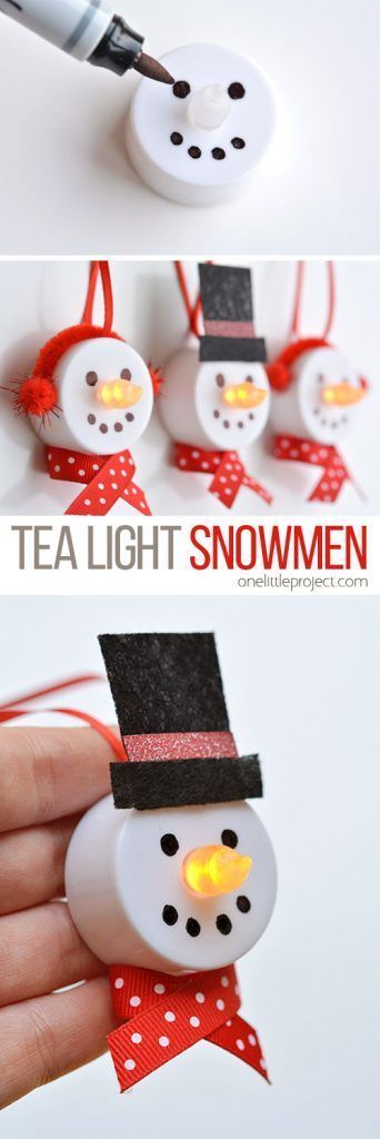 Tea Light Snowmen Ornament How To – This is a great idea with dollar store items!  DIY | Gift | Crafts
