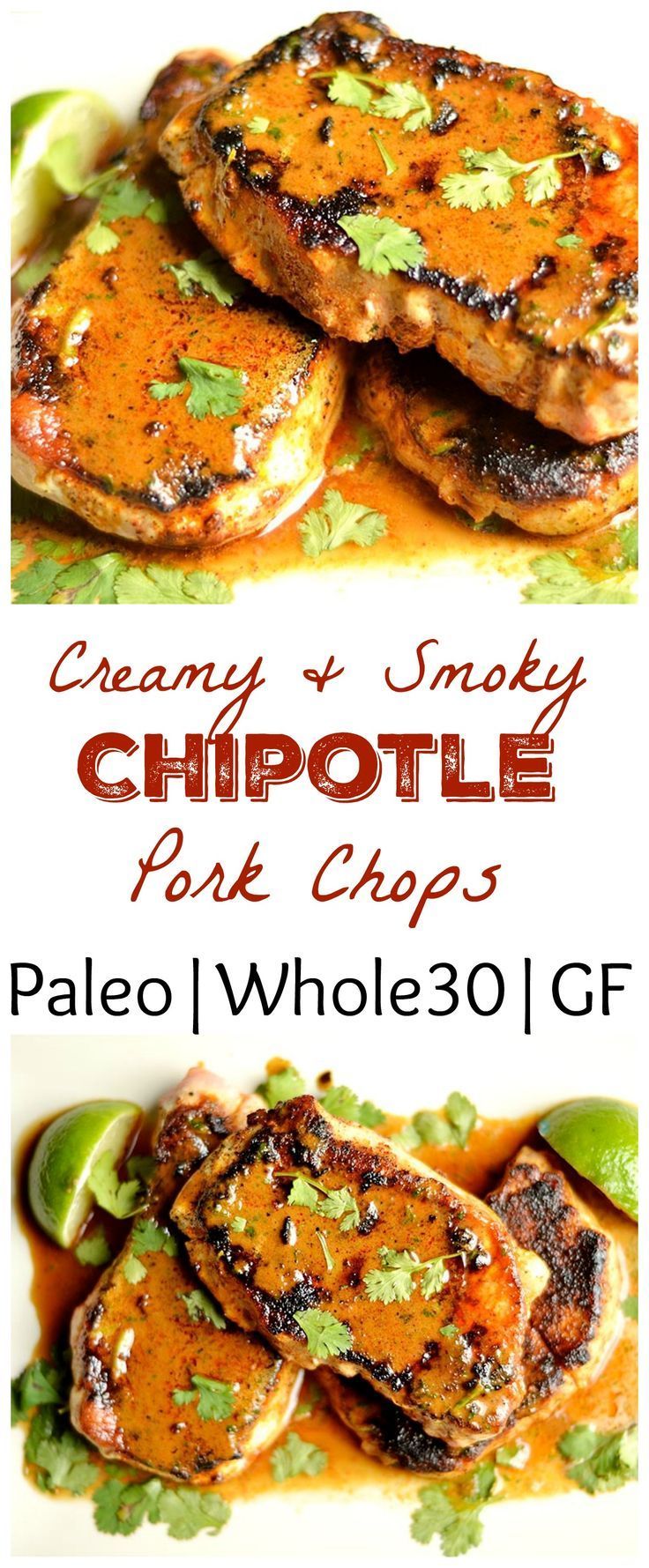 The pork chops have the most delicious creamy chipotle sauce that is dairy-free and packed with flavor!! Paleo & Whole 30