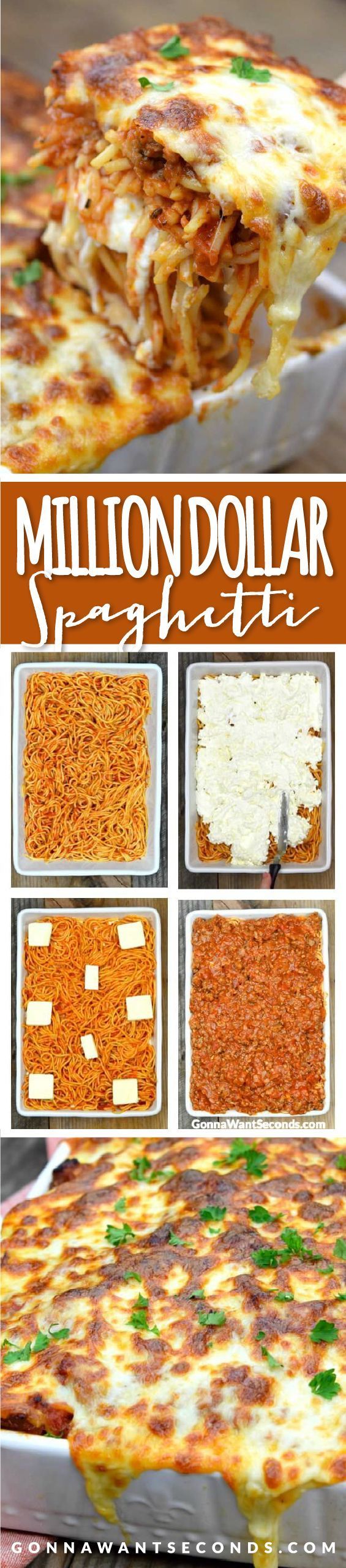 This Million Dollar Spaghetti Casserole has a layer of creamy, gooey cheese.Super easy to put together! To DIE for delish!