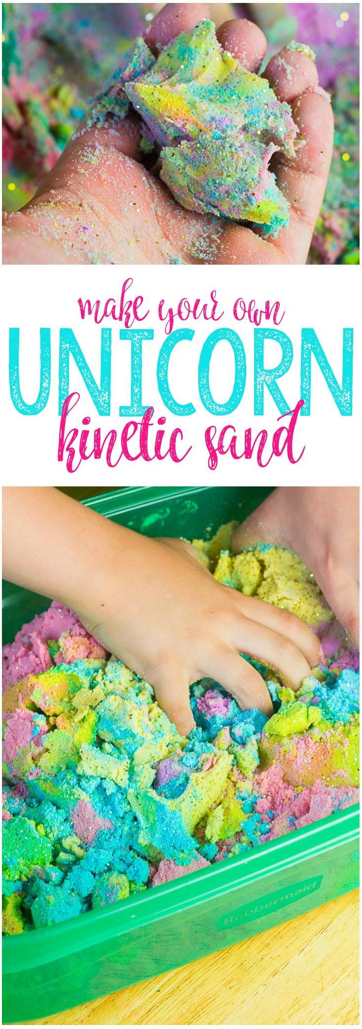 This Unicorn Kinetic Sand is the perfect sensory toy, and in bright, vibrant sparkly colors, it looks just like a unicorn, too!