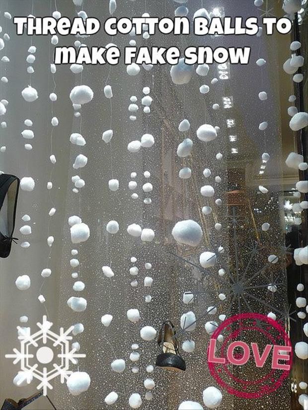 Threaded cotton balls to make falling snow. SO PERFECT for a Frozen themed kids birthday. CHRISTMAS IDEA.