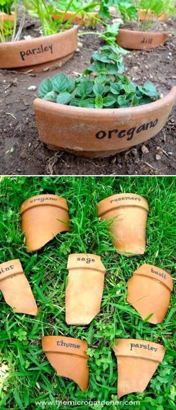 Use chards of broken pottery as markers. #garden_markers_pottery