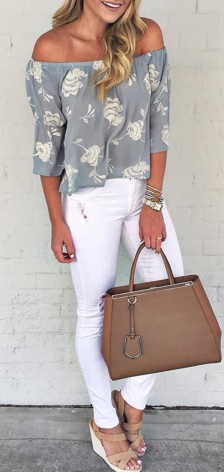 White pants, off the shoulder top,. Classic chic