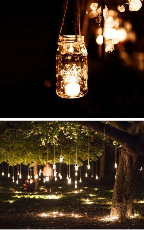 Woooow!!!! Gläser mit hängenden Teelichtern!!!wie wundervoll!!!  Hanging Mason Jar Fairy Lights | 15 DIY Outdoor Wedding Ideas